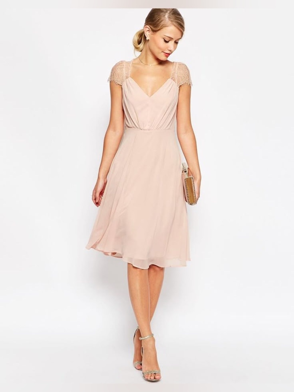 ASOS- Blush Cap-Sleeve V-Neck Midi Dress Size 4